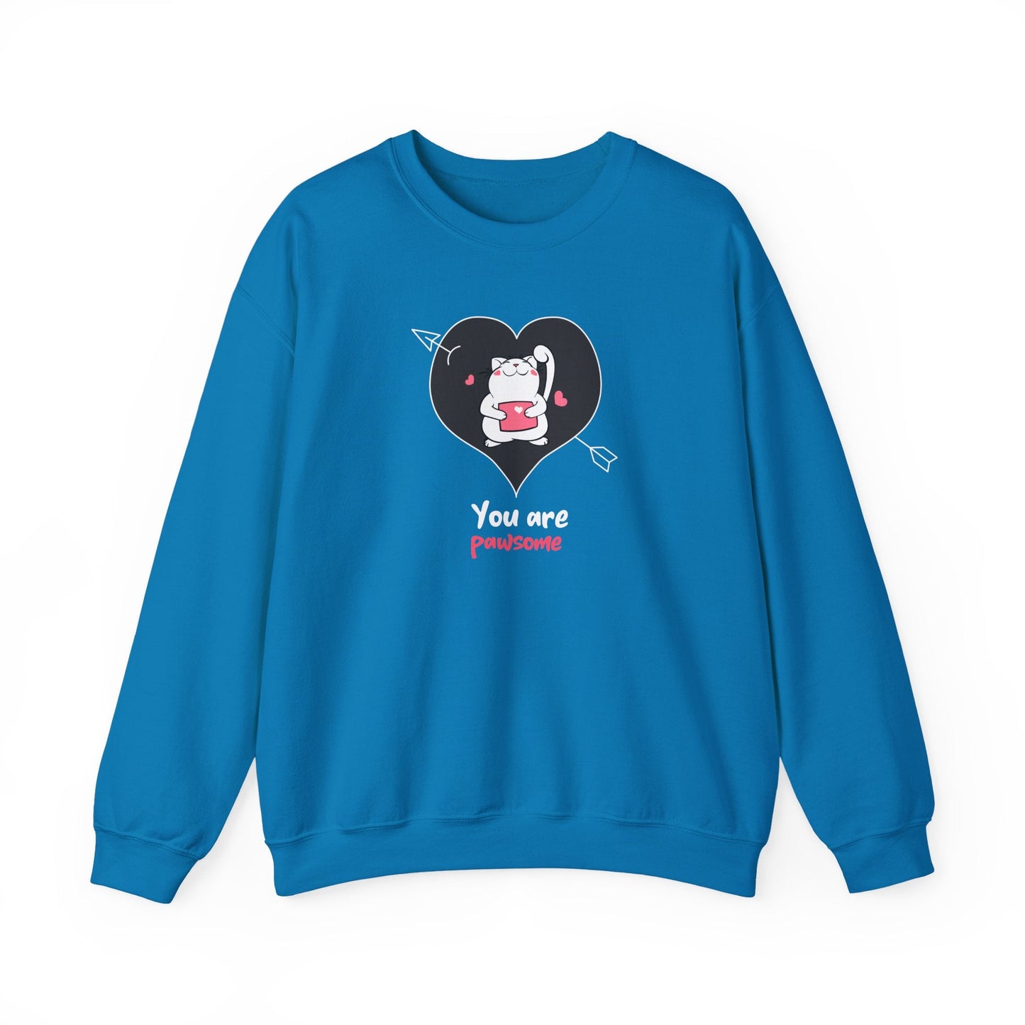 Cat Heart Sweatshirt Unisex Valentines Day Fifty Fifty Cotton Poly Crewneck Gildan 18000