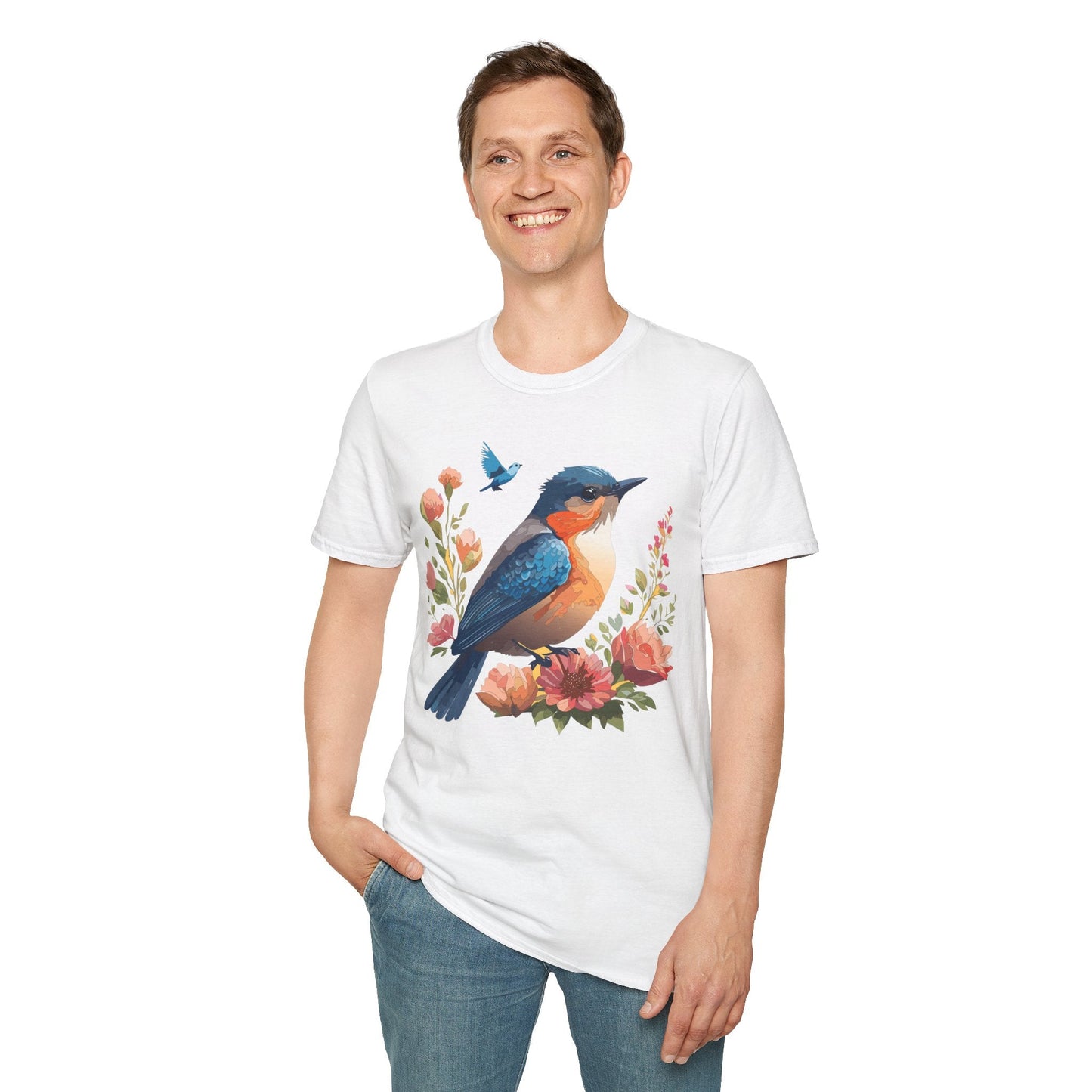 Unisex Floral Bird T Shirt Softstyle 64000 Gildan Ring Spun Cotton Tee Relaxed Fit