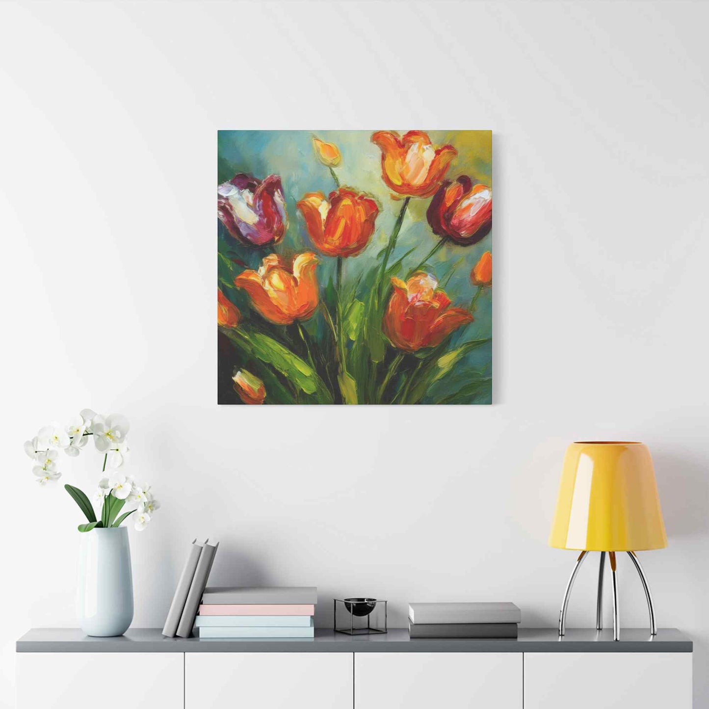Tulips Print Canvas, Floral Oil Paint Print 20x20, 24x24, 30x30, 32x32, 36x36 Art Design Pine-Wood Inner Frame MC-142