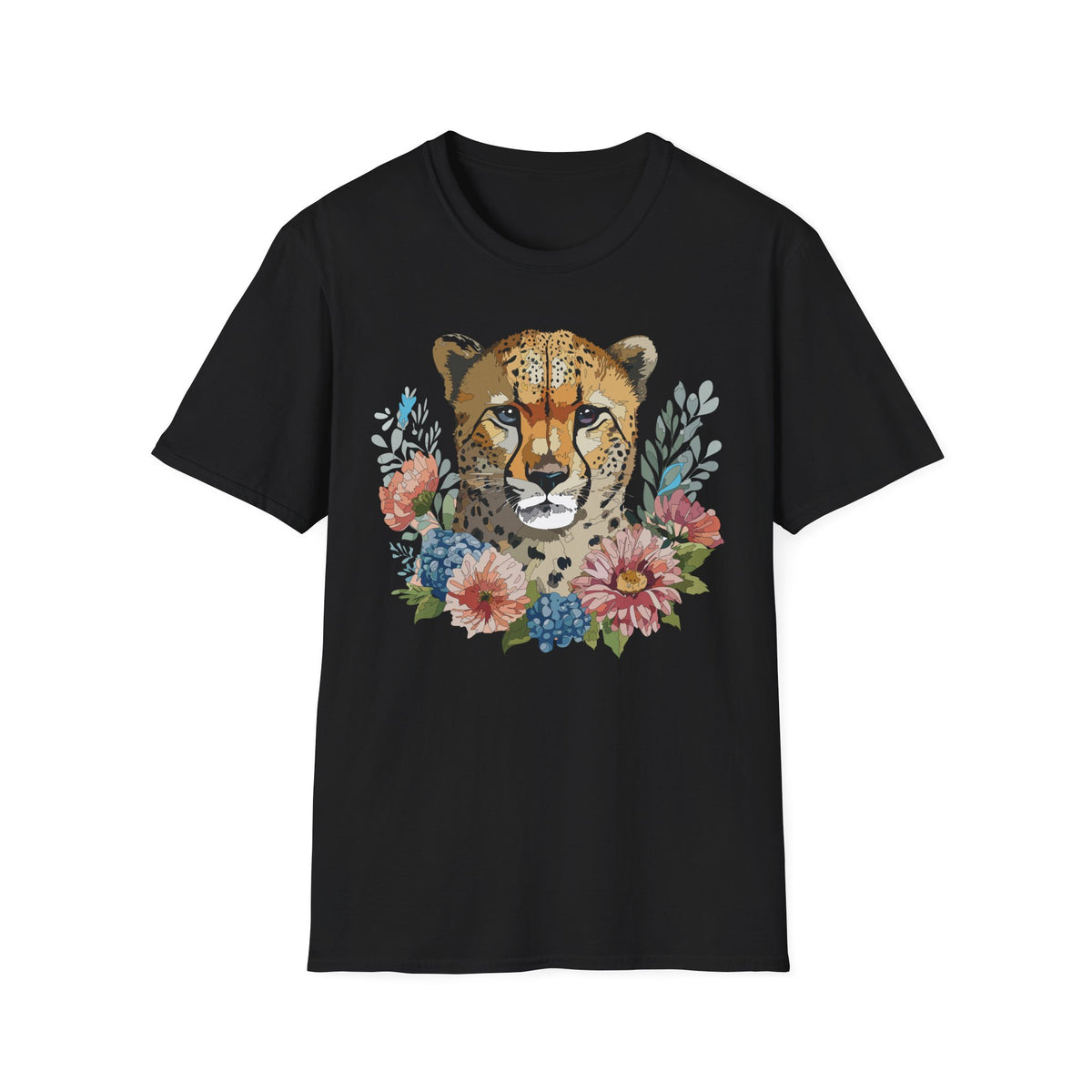 Floral Cheetah Face T-Shirt | Wild Cat Illustration, Botanical Accent
