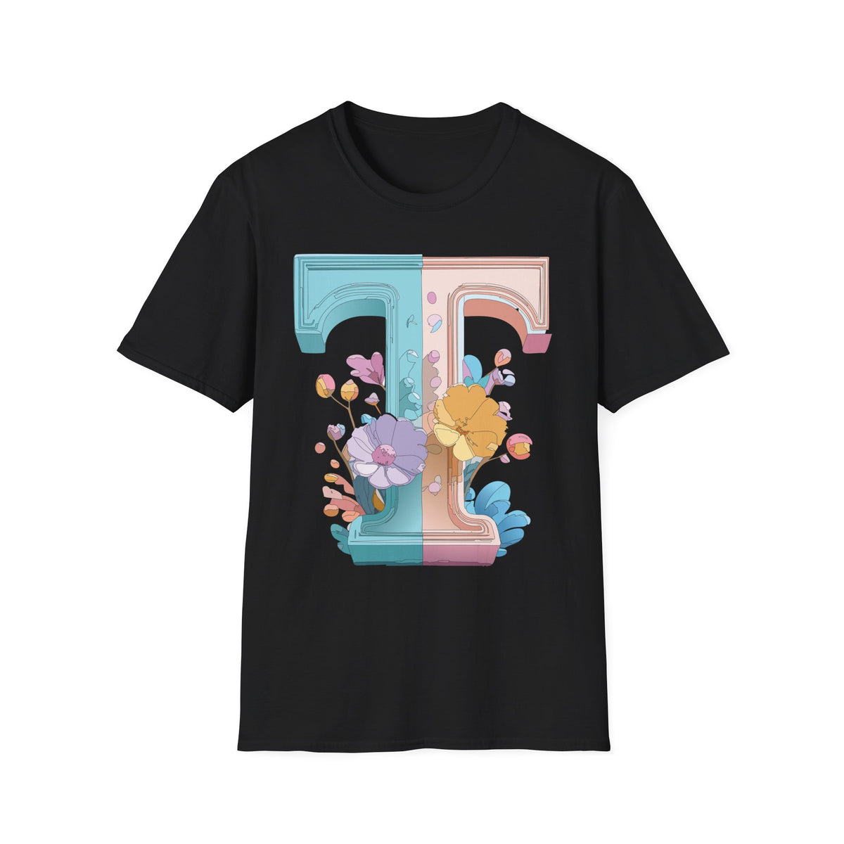 Floral Split Letter T-Shirt T Pastel Floral Initial Tee