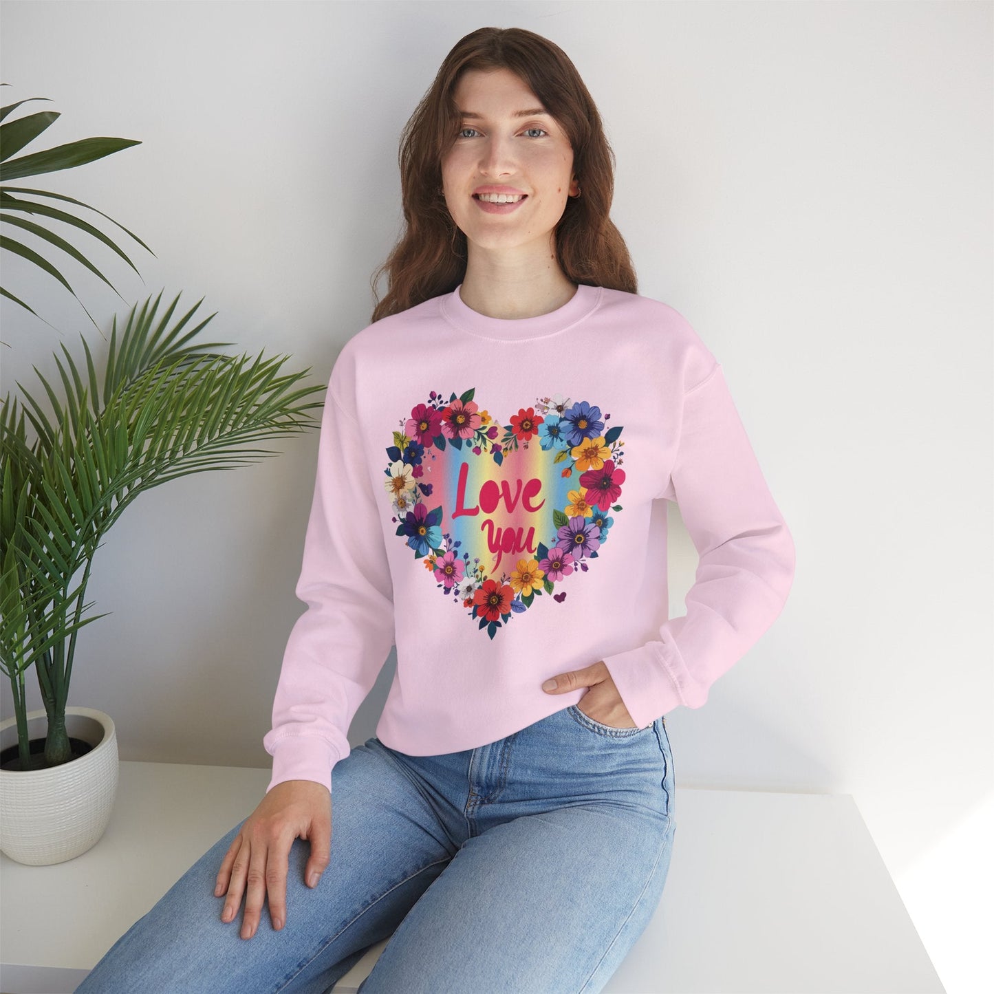 Valentines Day Floral Heart Sweatshirt Unisex Crewneck Floral Love You Gildan 18000 Heavy Blend