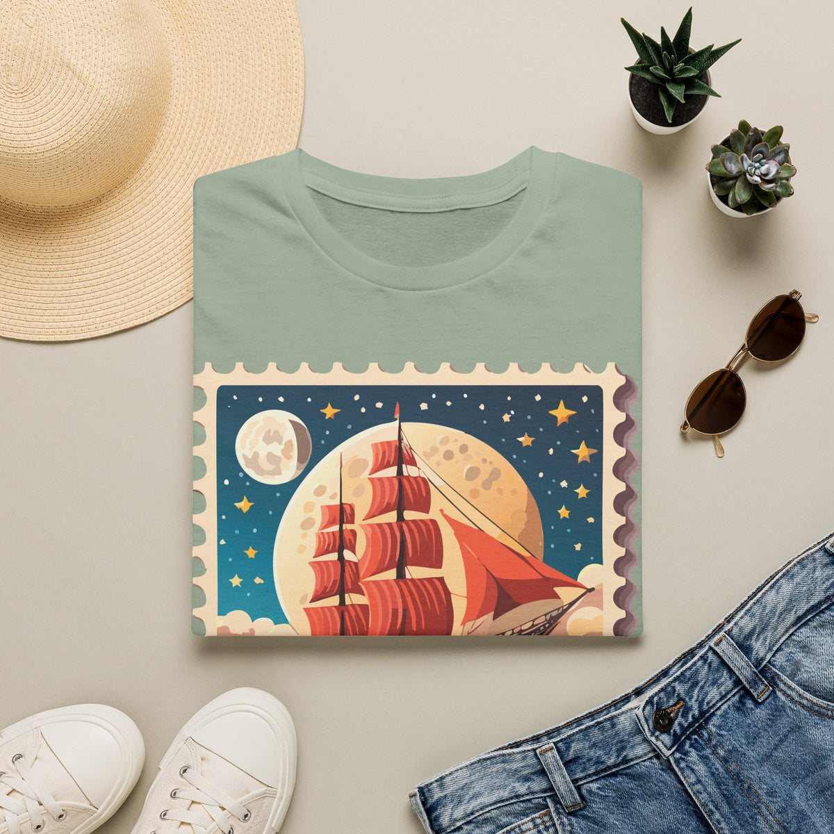 Vintage Sailing Ship Stamp T-Shirt | Retro Moonlit Ocean Illustration
