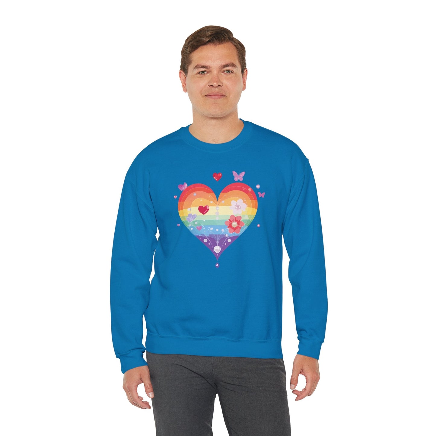 Rainbow Heart Floral Sweatshirt Unisex Valentines Day Graphic Love Sweatshirt Gift Idea