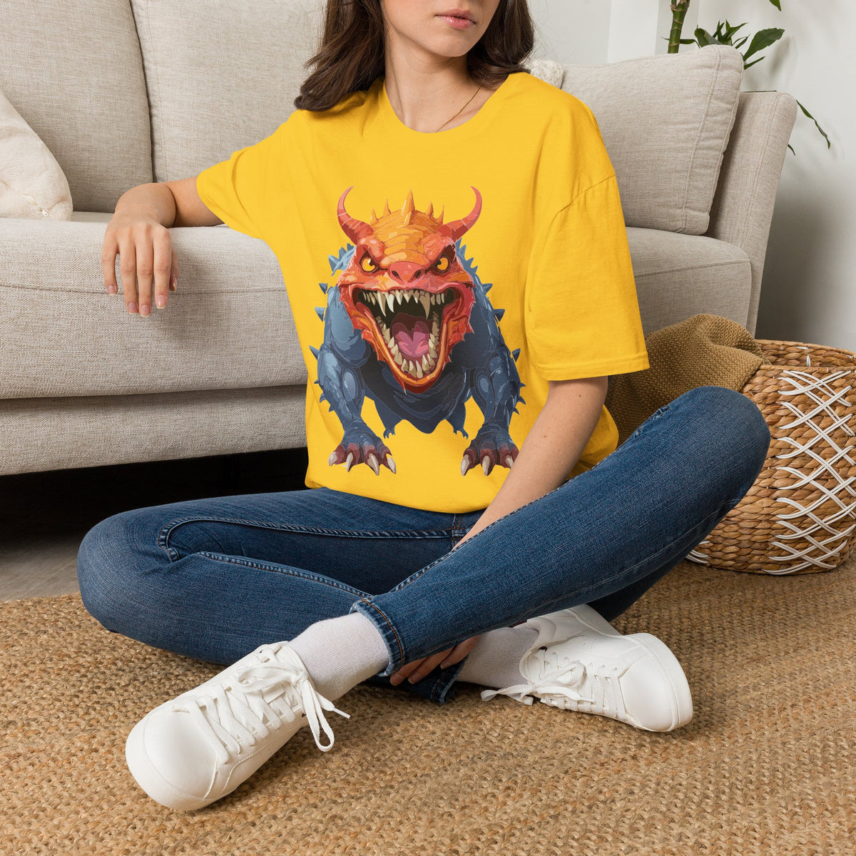 Dragon Monster T-Shirt — Fierce Orange & Blue Fantasy Creature Cartoon Graphic Tee Unisex 100 Cotton Gildan T-Shirt
