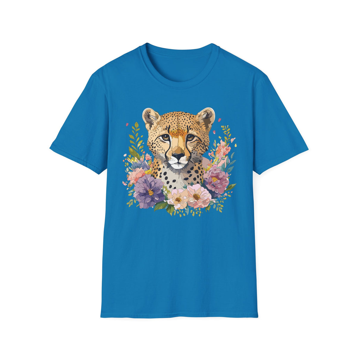Floral Cheetah Face T-Shirt | Leopard Portrait Tee, Botanical Illustration