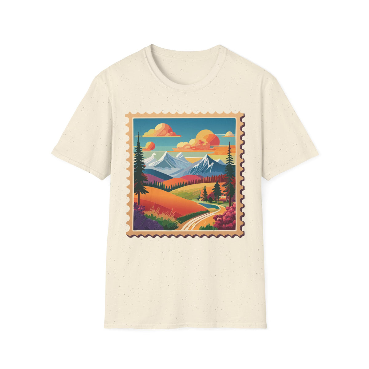 Vintage Mountain Landscape T-Shirt | Scenic Stamp Illustration