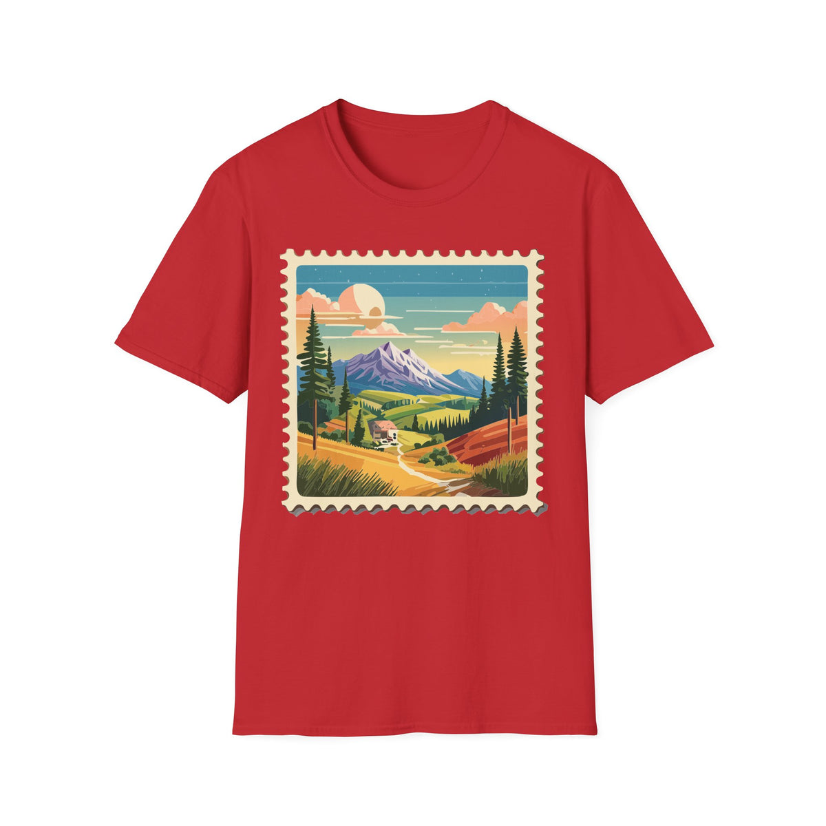 Mountain Landscape Stamp T-Shirt | Retro Sunset Scenic Tee