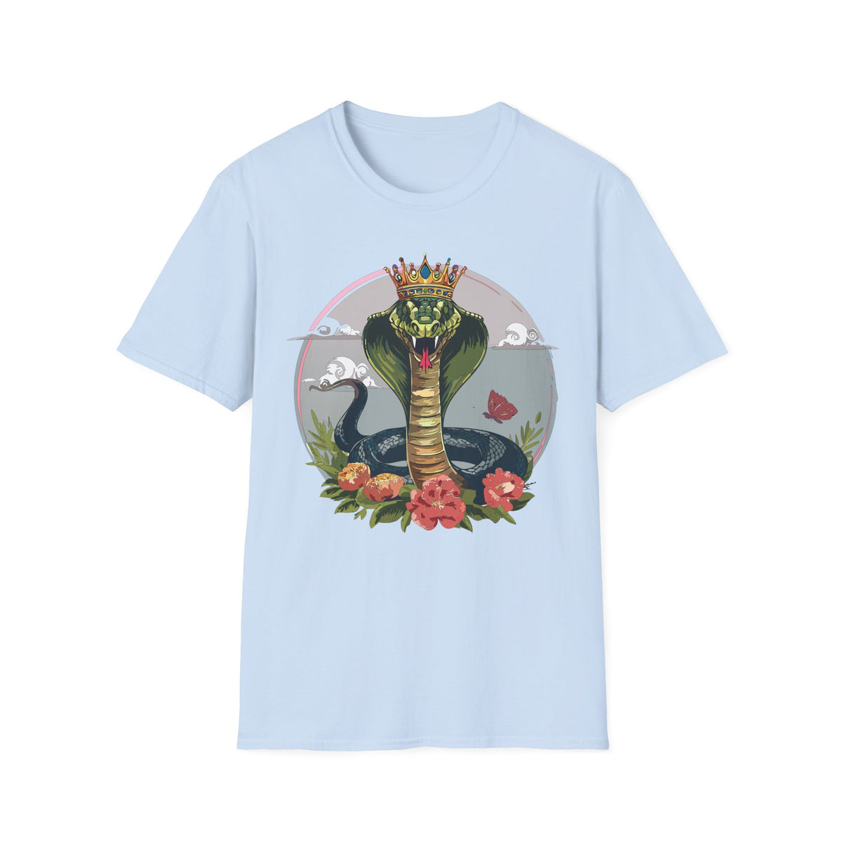 Crowned King Cobra T-Shirt | Snake Illustration, Floral Accent