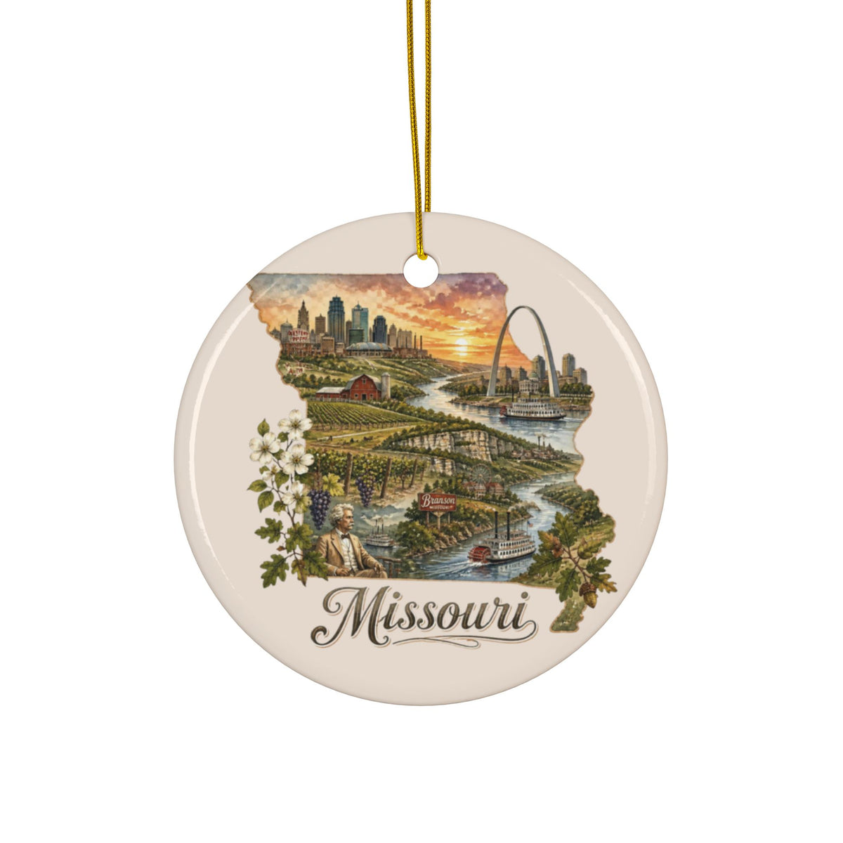 Missouri State Vintage Map Ornament | Ceramic Round Ornament - 2.99" Includes Gold String
