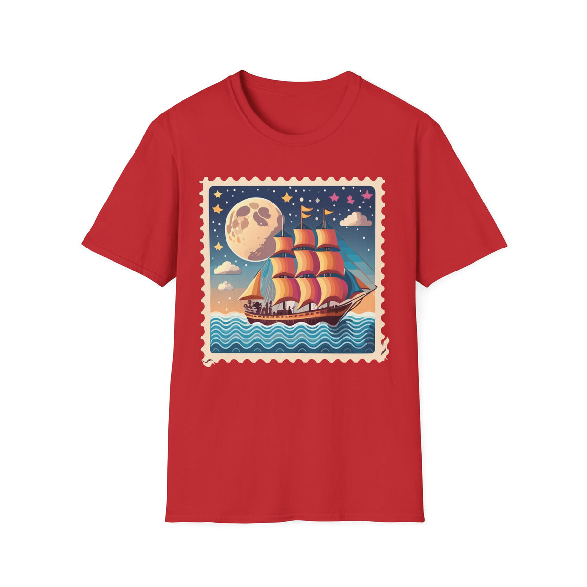 Vintage Sailboat Moon Illustration T-Shirt | Nautical Night Sky