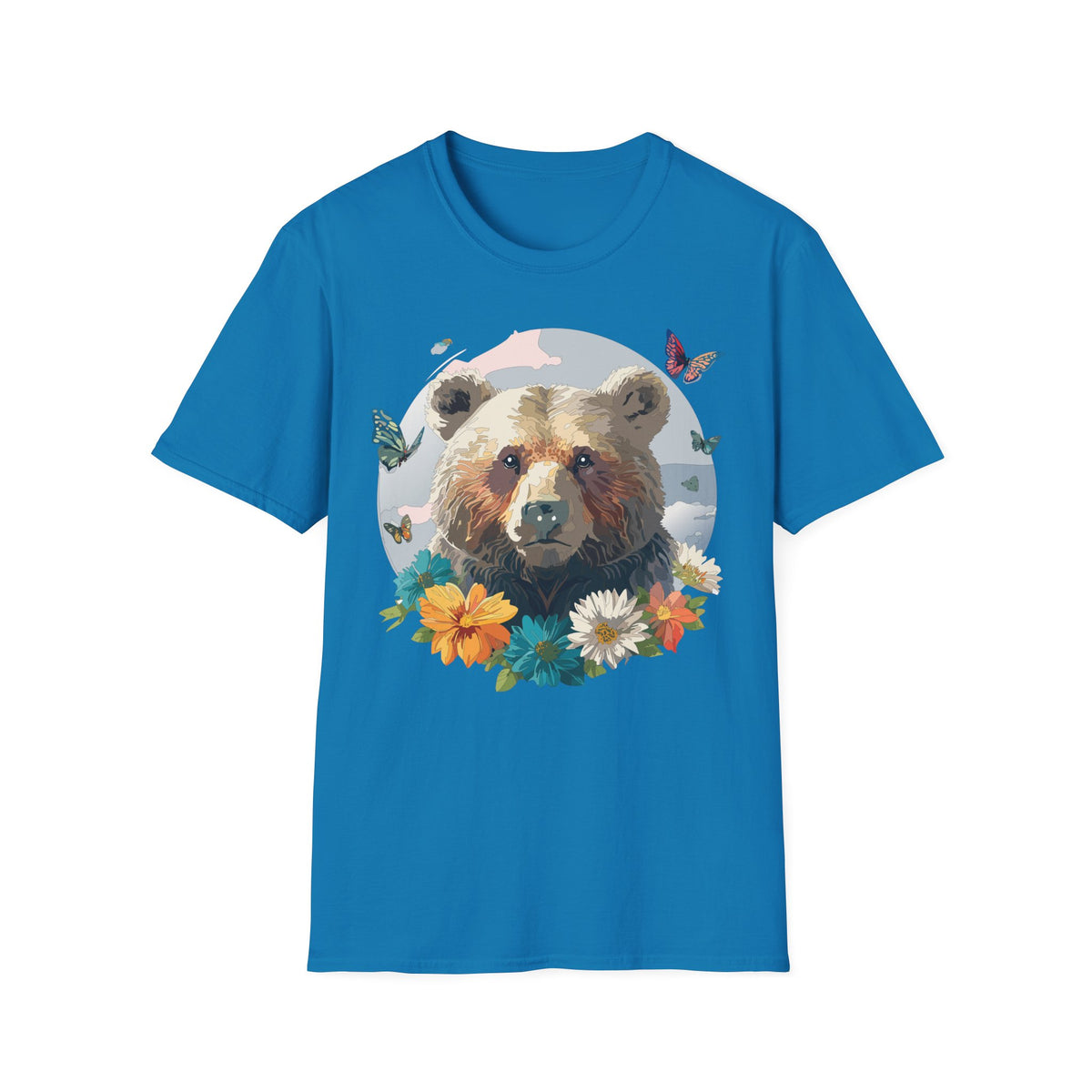 Bear Portrait with Butterflies T-Shirt | Floral Nature Animal Graphic Tee Unisex 100 Cotton Gildan T-Shirt
