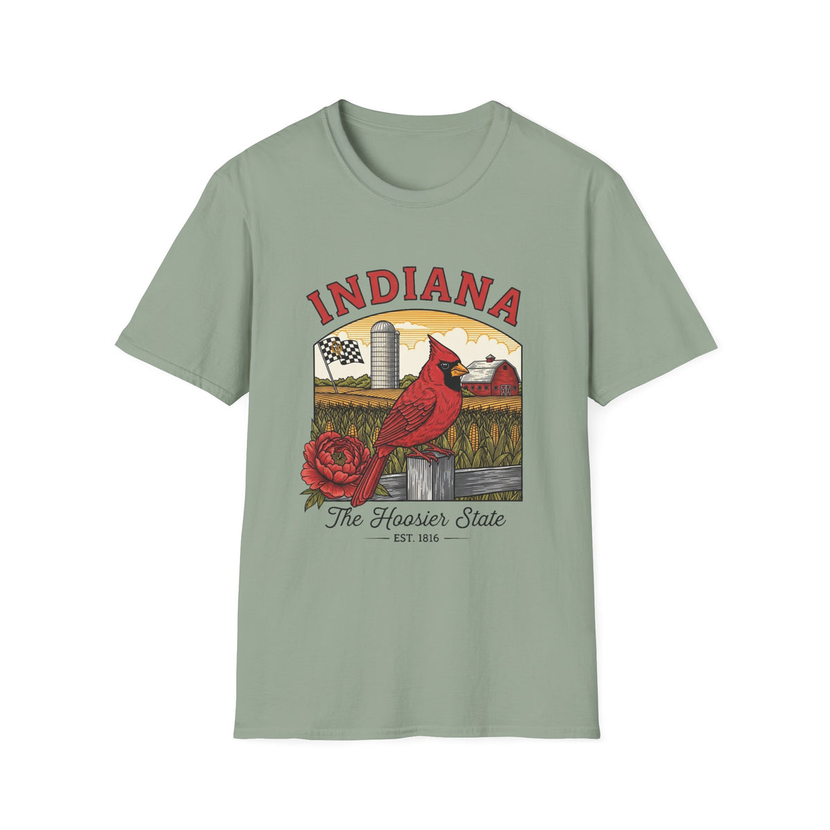 Indiana Cardinal Bird Tee — The Hoosier State Vintage Farm Design Travel Tourist Graphic Design Unisex 100 Cotton Gildan T-Shirt