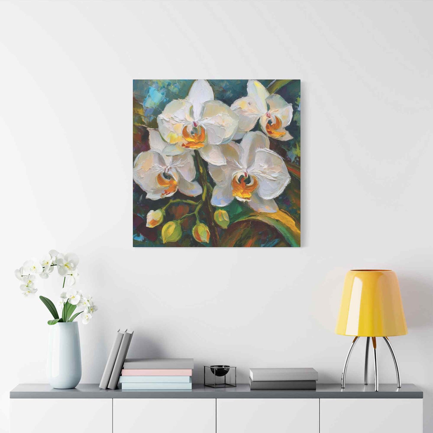 White Orchids Print Canvas, Floral Oil Paint Print 20x20, 24x24, 30x30, 32x32, 36x36 Art Design Pine-Wood Inner Frame MC-137