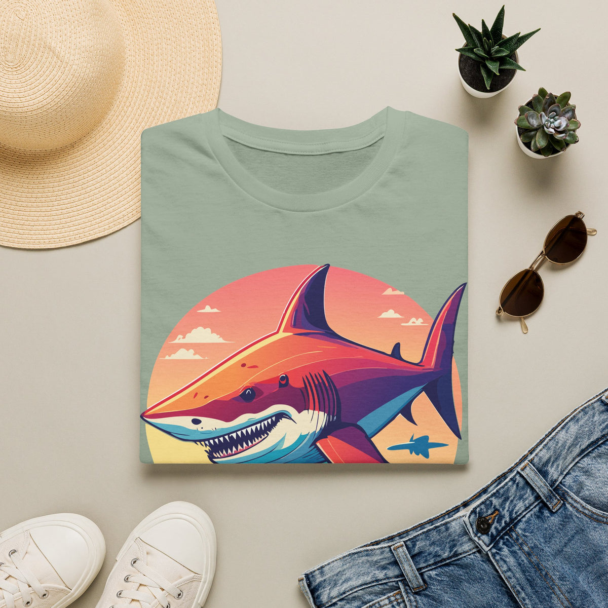 Sunset Shark Graphic T-Shirt | Retro Ocean Illustration
