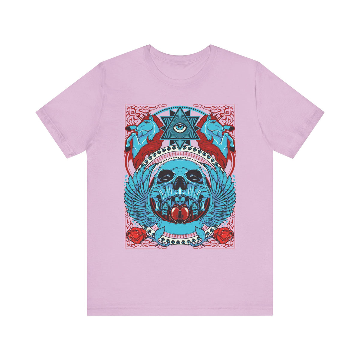 All-Seeing Skull Illustration Tee Winged Skull Third Eye Roses T-Shirt