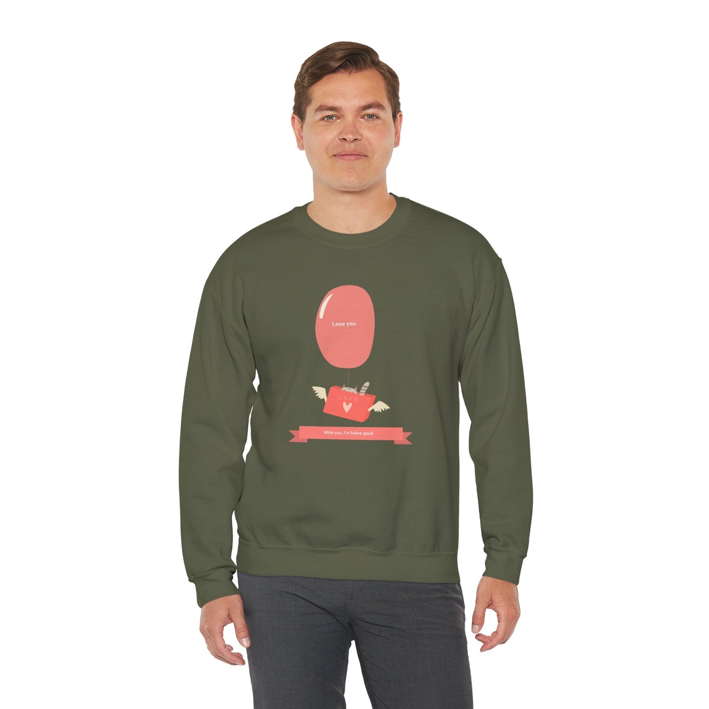 Cat Love Balloon Sweatshirt Unisex Fifty Fifty Cotton Poly Valentine Heavy Blend Crewneck Sweatshirt