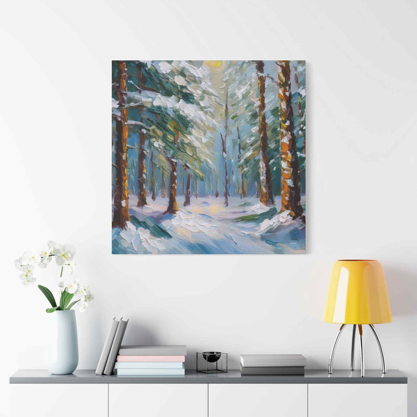 Snow Forest Print Canvas, Oil Paint Print 20x20, 24x24, 30x30, 32x32, 36x36 Art Design Print Pine-Wood Inner Frame MC-81
