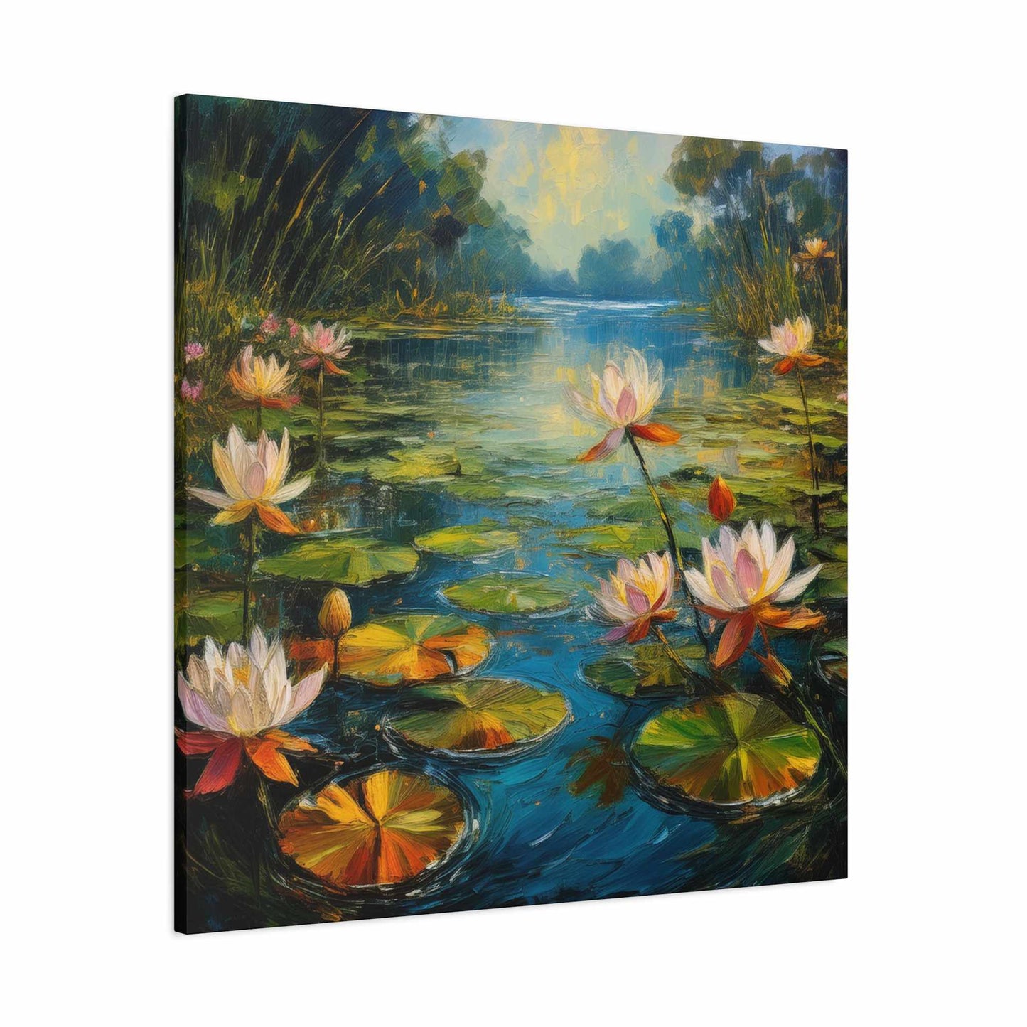 Water Lilies Print Canvas, Oil Paint Print 20x20, 24x24, 30x30, 32x32, 36x36 Art Design Print Pine-Wood Inner Frame MC-62