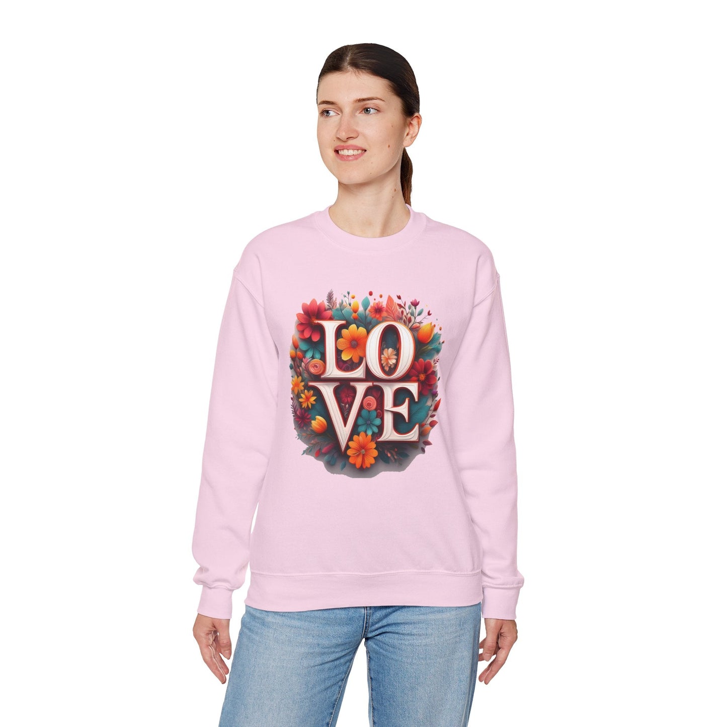 Floral Love Valentines Day Sweatshirt Unisex Heavy Blend Crewneck 50/50 Cotton Polyester Gildan 18000