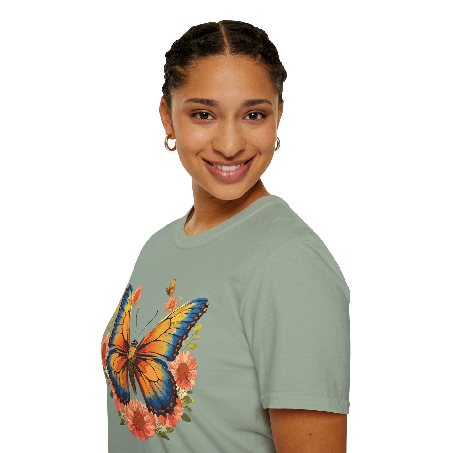 Butterfly T Shirt Unisex Softstyle Gildan 64000 Monarch Print 100 Percent Ring Spun Cotton