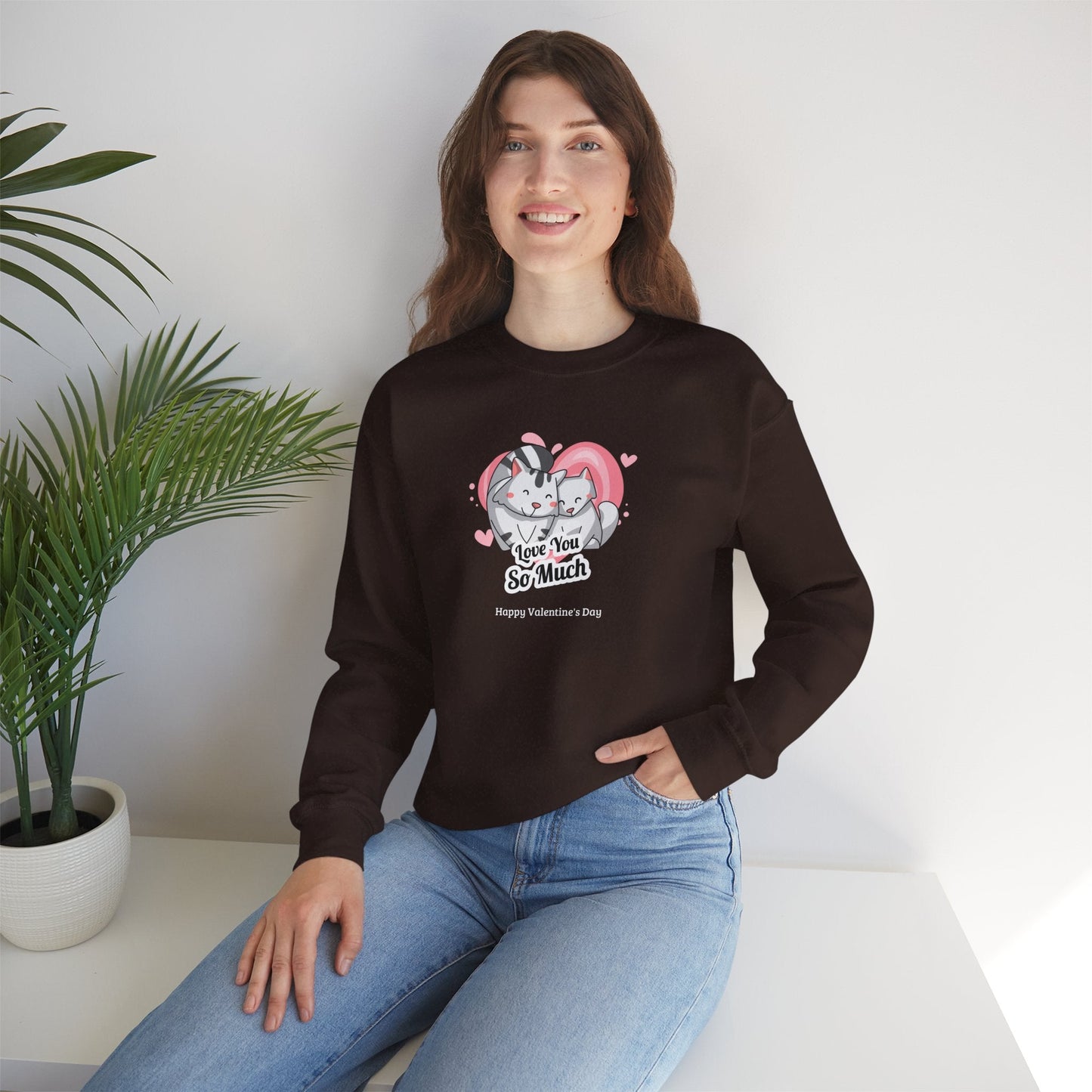 Cat Heart Sweatshirt Valentines Day Unisex 50 50 Cotton Poly Crewneck Gildan 18000