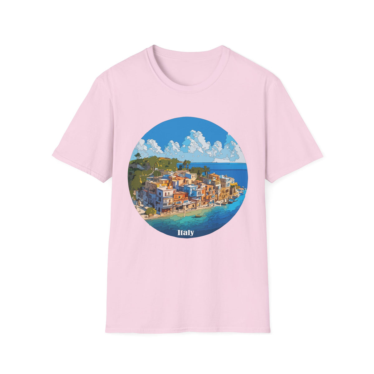 Coastal Italy Village Illustration T-Shirt | Mediterranean Seaside Graphic Tee