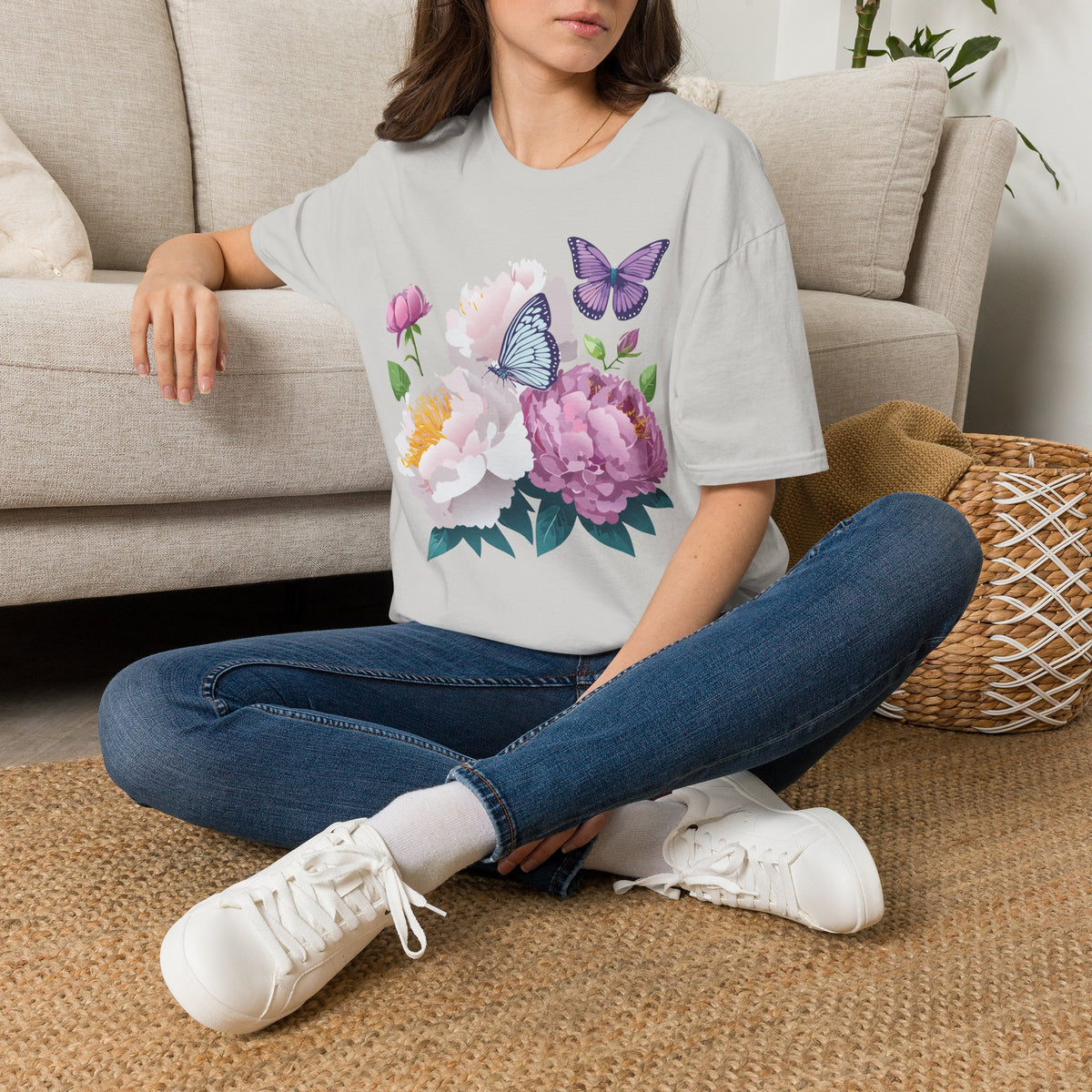 Floral Peonies & Butterflies T-Shirt — pastel garden tee for spring, Mother's Day Graphic Tee Unisex 100 Cotton Gildan T-Shirt