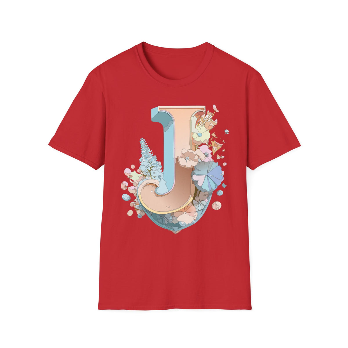 Floral Letter J T-Shirt | Monogram Initial Tee, Pastel Botanical Typography