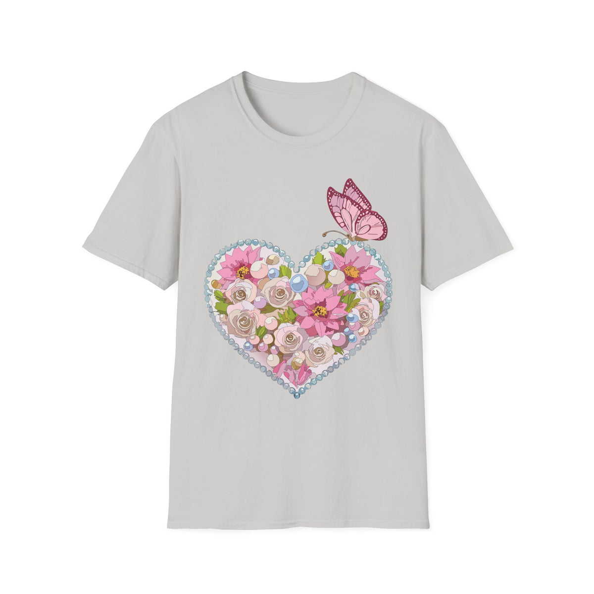 Floral Heart with Butterfly T-Shirt | Pink Flower Heart Graphic Tee Unisex 100 Cotton Gildan T-Shirt