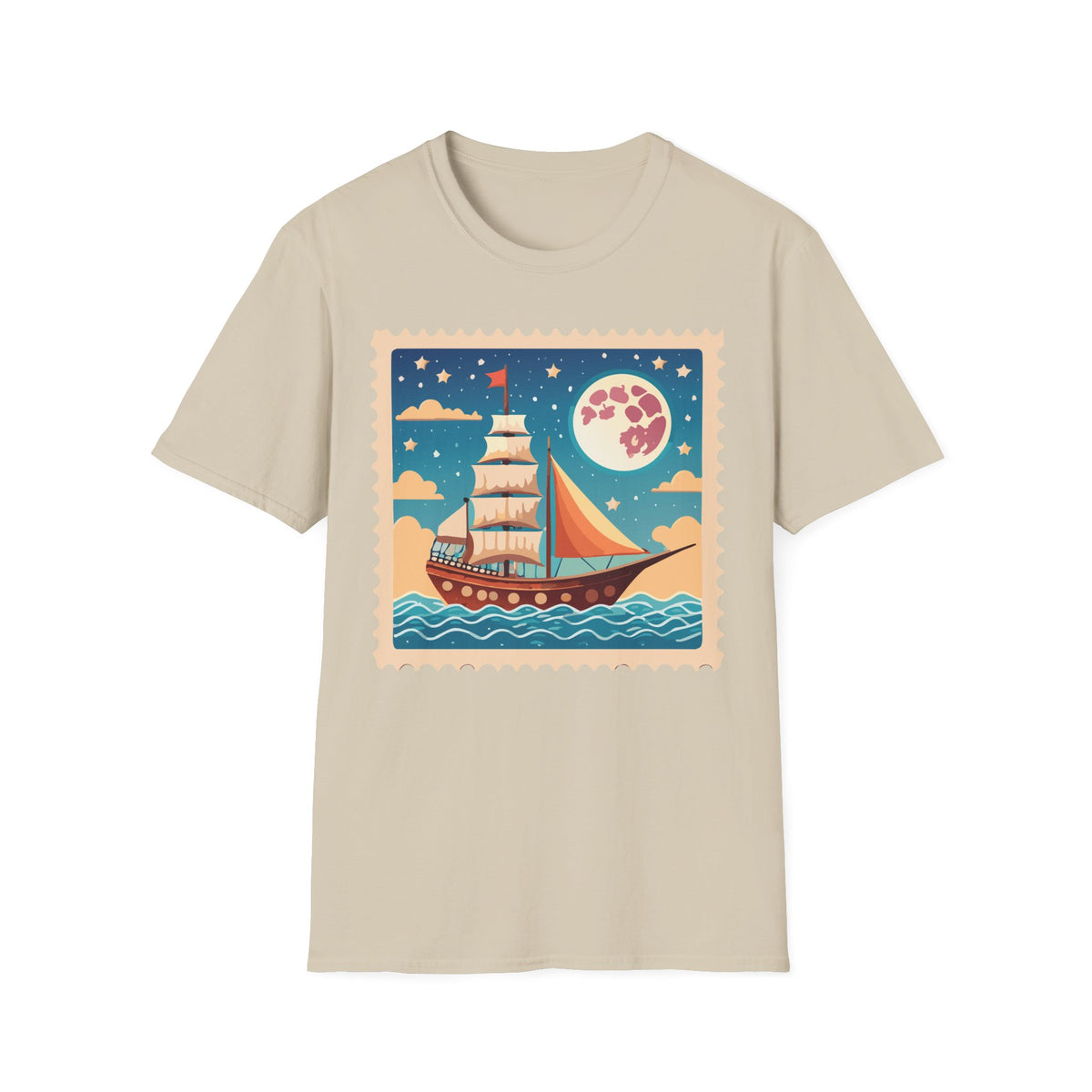 Sailboat Night Scene T-Shirt | Retro Nautical Moon Illustration