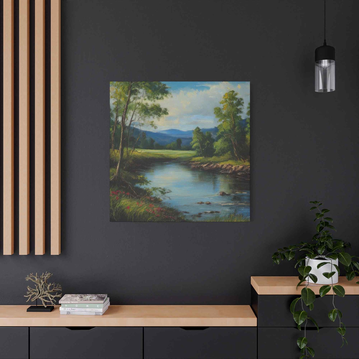 River Print Canvas, Landscape Oil Paint Print 20x20, 24x24, 30x30, 32x32, 36x36 Art Design Print Pine-Wood Inner Frame MC-53