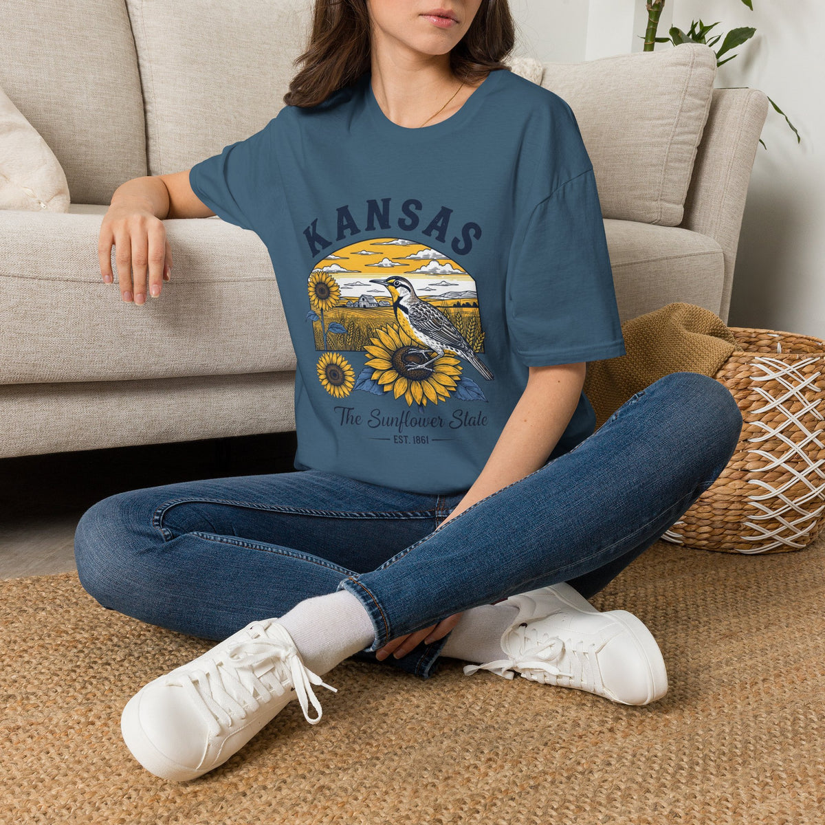 Kansas Sunflower State T-Shirt — Meadowlark Sunflowers Travel Tourist Graphic Design Unisex 100 Cotton Gildan T-Shirt