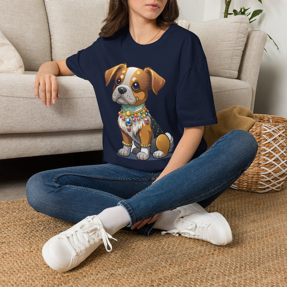 Cute Cartoon Puppy T-Shirt | Colorful Beaded Collar Dog Tee