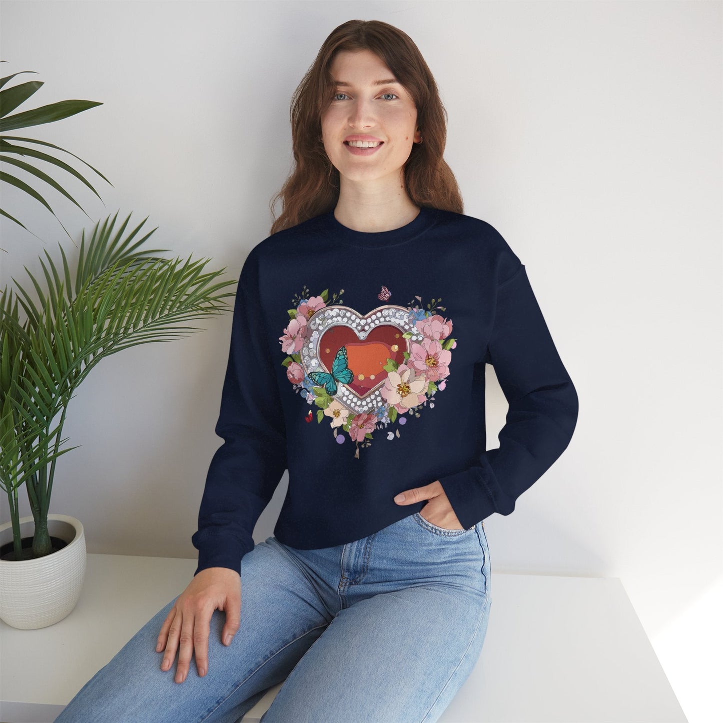 Floral Heart Sweatshirt Unisex Valentines Day Edition Gildan 18000 Heavy Blend Crewneck