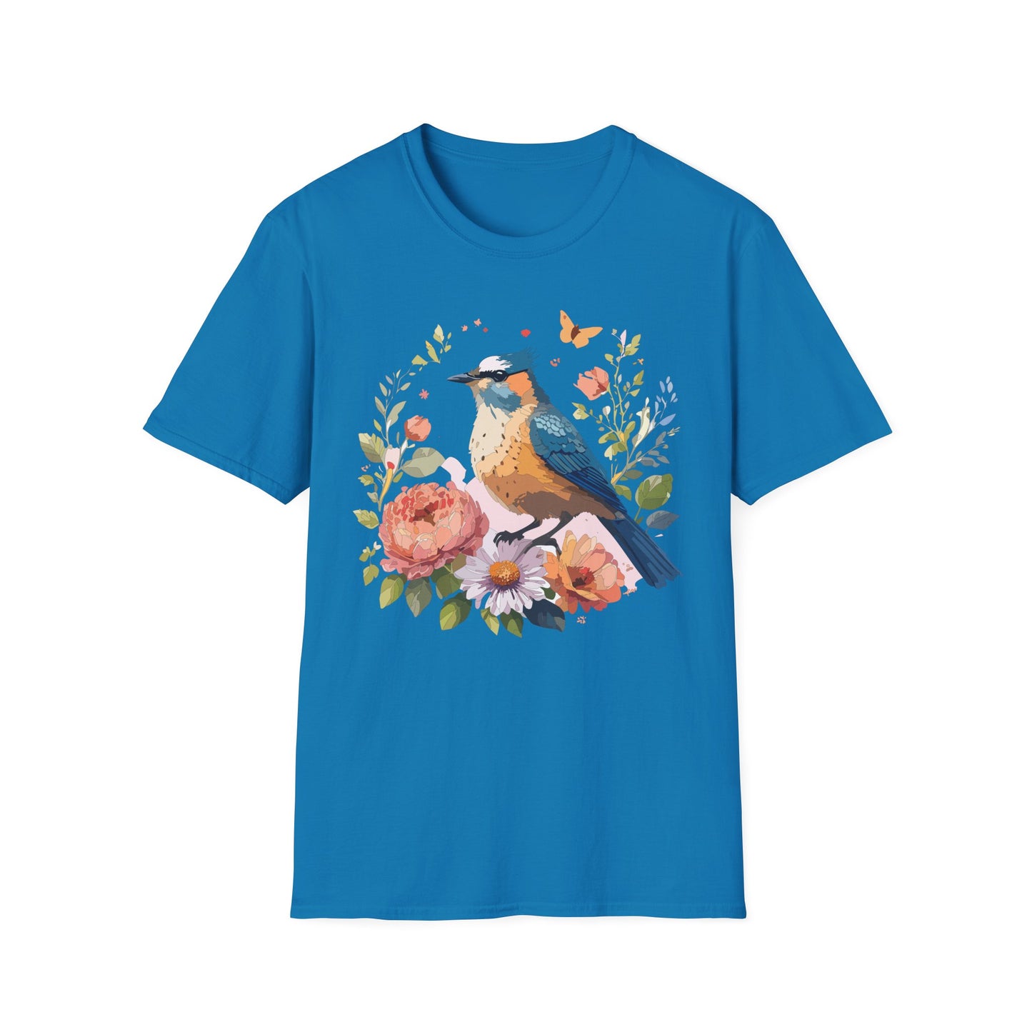 Floral Bluebird T-Shirt Unisex Cotton Short Sleeves Tee Shirt with Bird 3