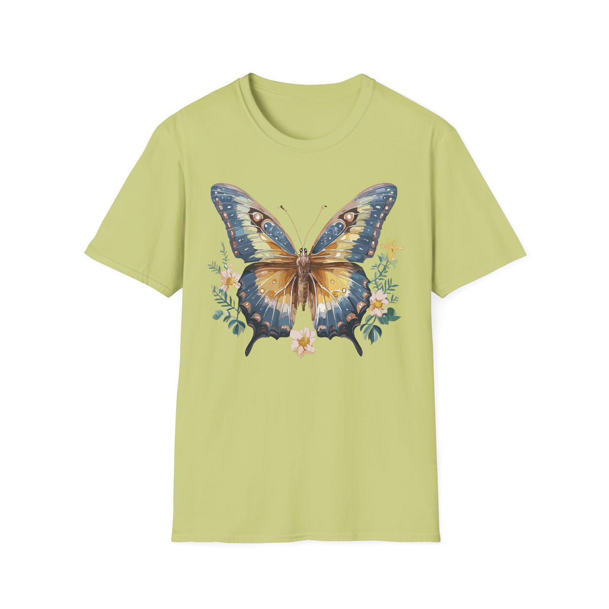 Golden Blue Butterfly T-Shirt | Botanical Accent Graphic Tee Unisex 100 Cotton Gildan T-Shirt
