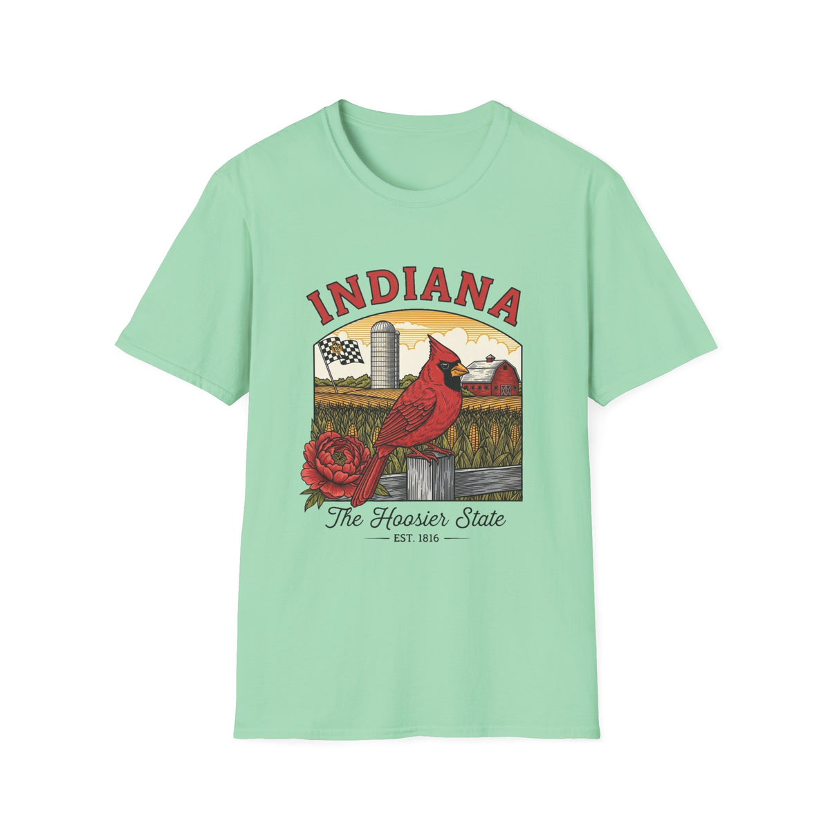 Indiana Cardinal Bird Tee — The Hoosier State Vintage Farm Design Travel Tourist Graphic Design Unisex 100 Cotton Gildan T-Shirt