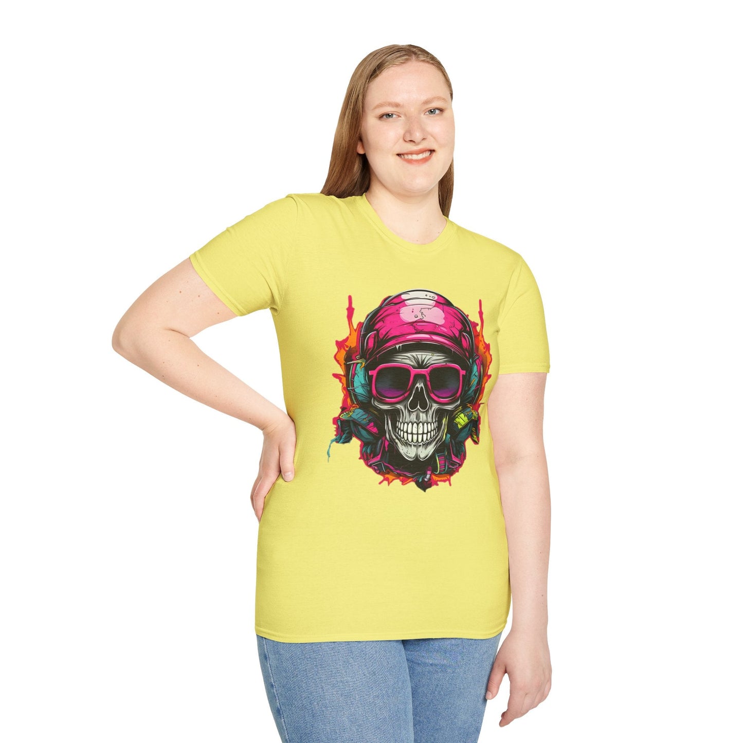 Unisex Skull Tee Shirt With Skeleton Design Gildan Softstyle 64000 Ring Spun Cotton
