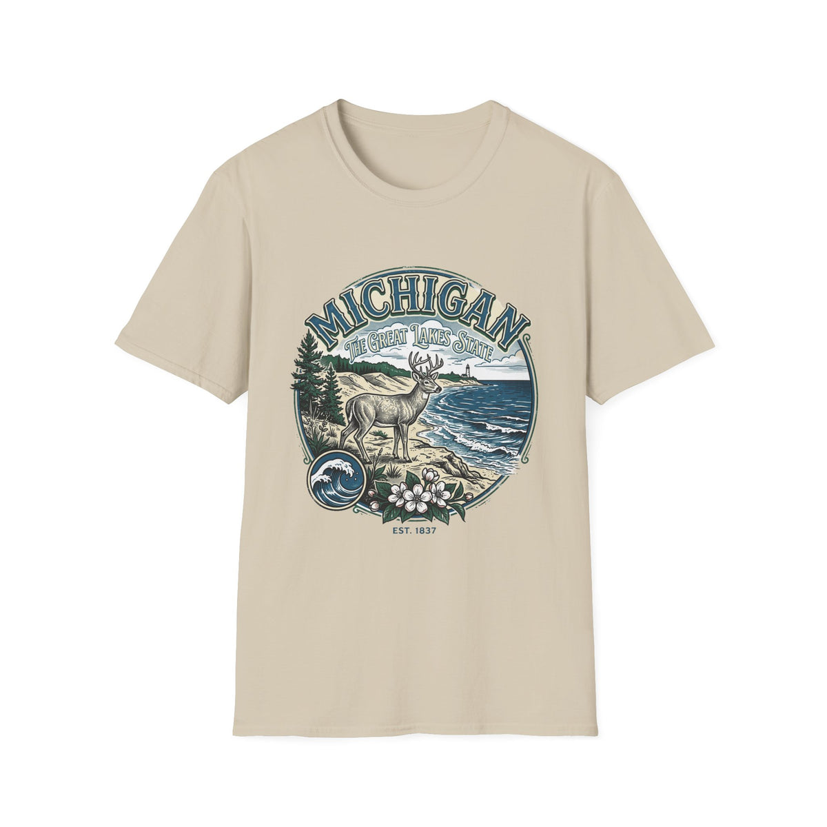 Michigan Deer Scenic T-Shirt — Vintage Great Lakes Travel Tourist Graphic Design Unisex 100 Cotton Gildan T-Shirt