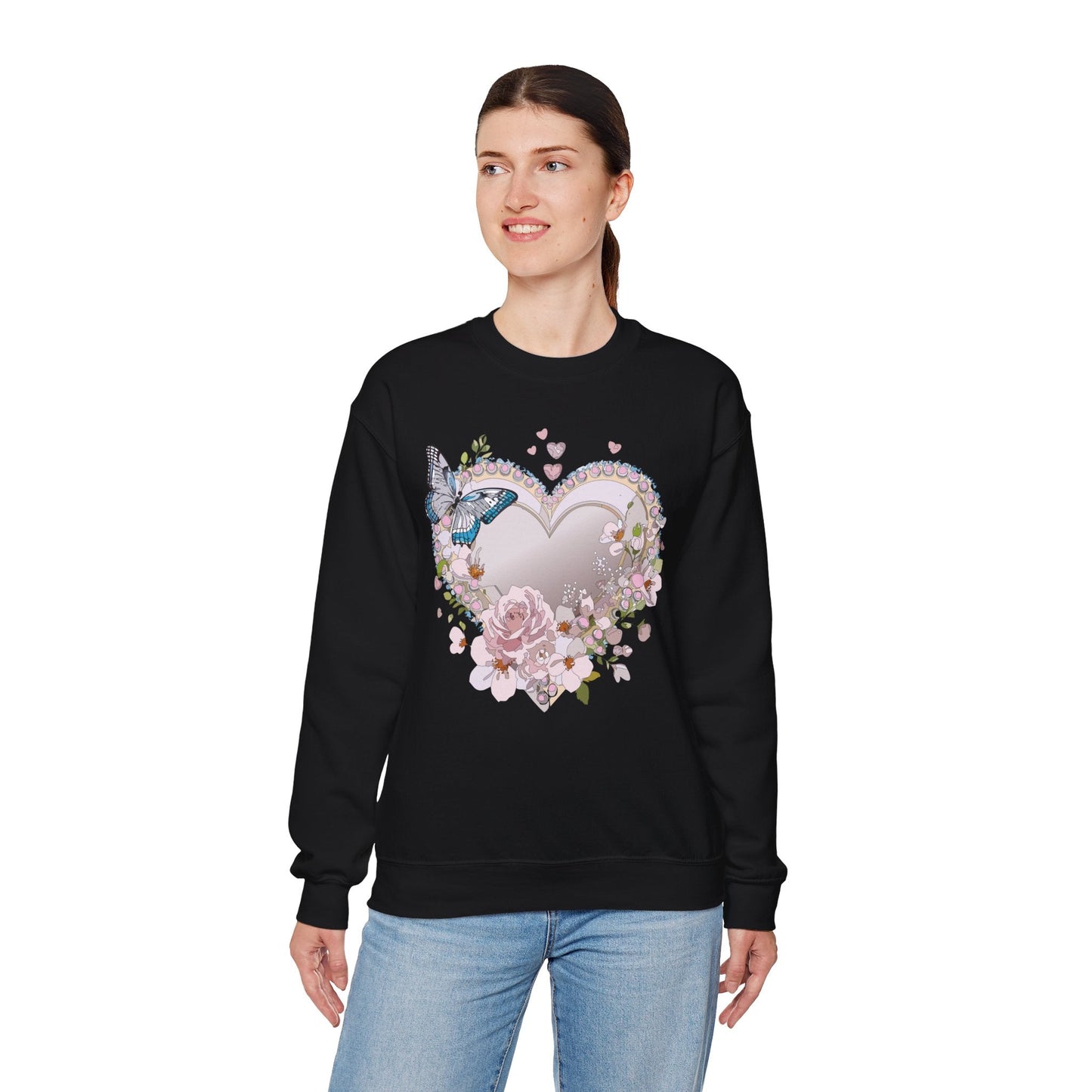 Unisex Floral Heart Sweatshirt For Valentines Day With Floral Love Print Crewneck Heavy Blend