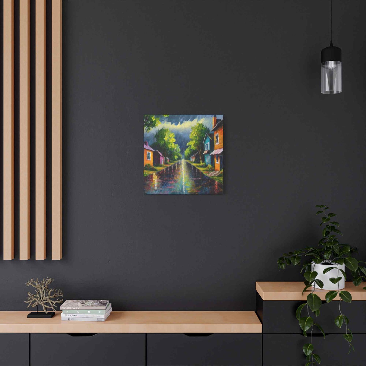 Rainy Village Street Canvas, Matte Oil Paint Print 20x20, 24x24, 30x30, 32x32, 36x36, Art Design Print Non-Frame MC-2