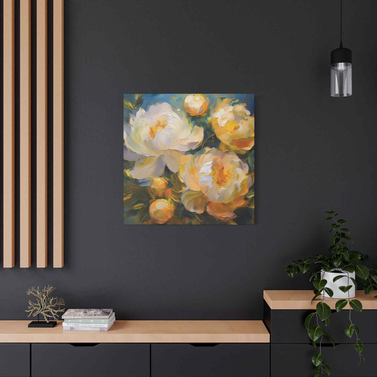 Cream Peonies Print Canvas, Floral Oil Paint Print 20x20, 24x24, 30x30, 32x32, 36x36 Art Design Pine-Wood Inner Frame MC-125