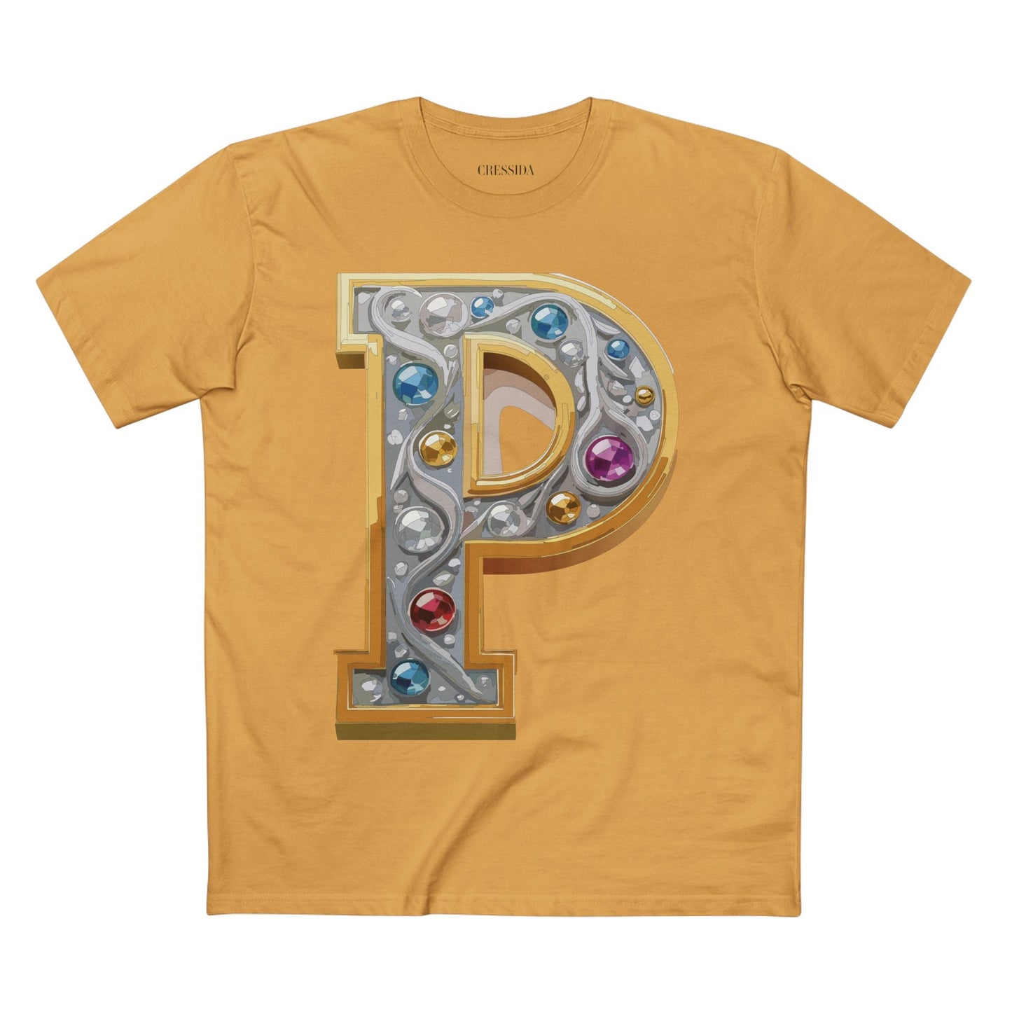 Letter P Graphic Design Tee Unisex 100 Cotton With Antique Gold Letters Artwork T-Shirt