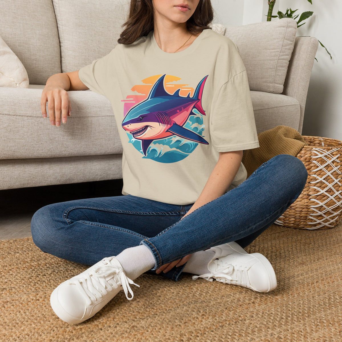 Sunset Shark Illustration T-Shirt | Retro Ocean Wave Tee