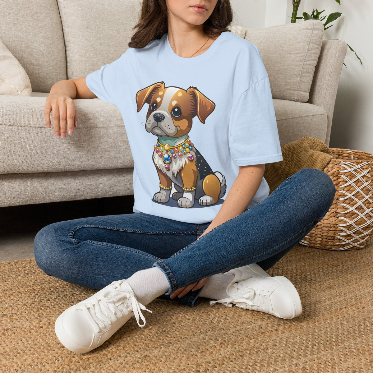 Cute Cartoon Puppy T-Shirt | Colorful Beaded Collar Dog Tee