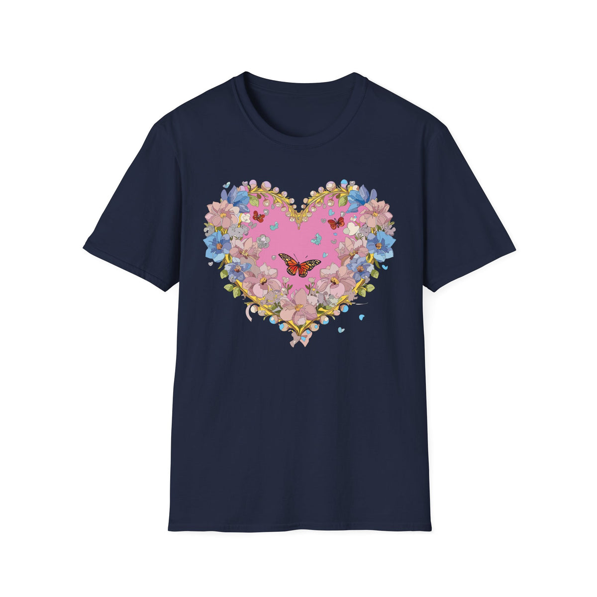 Floral Heart with Butterfly T-Shirt | Pink Bloom Love Graphic Tee Unisex 100 Cotton Gildan T-Shirt
