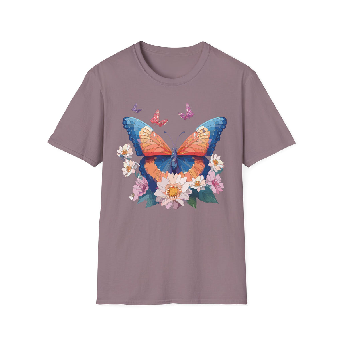 Butterfly Floral T-Shirt – Vibrant Orange & Blue Butterfly with Flowers Graphic Tee Unisex 100 Cotton Gildan T-Shirt