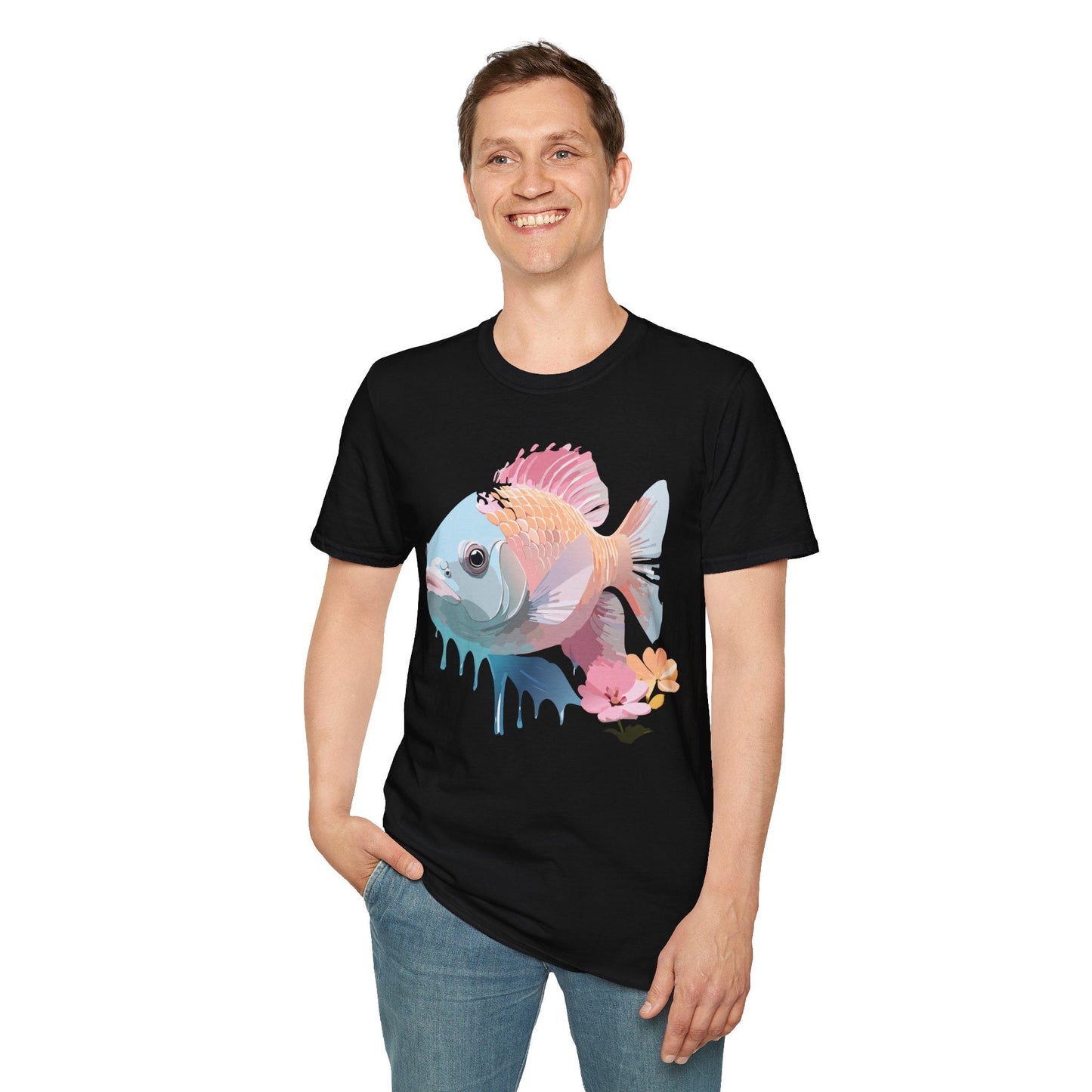 Fish Art Design Shirt Unisex Graphic Tee 100 Percent Ring Spun Cotton Softstyle Gildan 64000