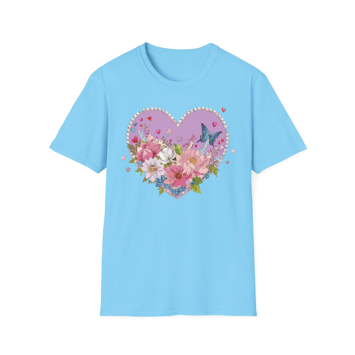 Floral Heart with Butterfly T-Shirt | Pink Flower Bouquet Tee